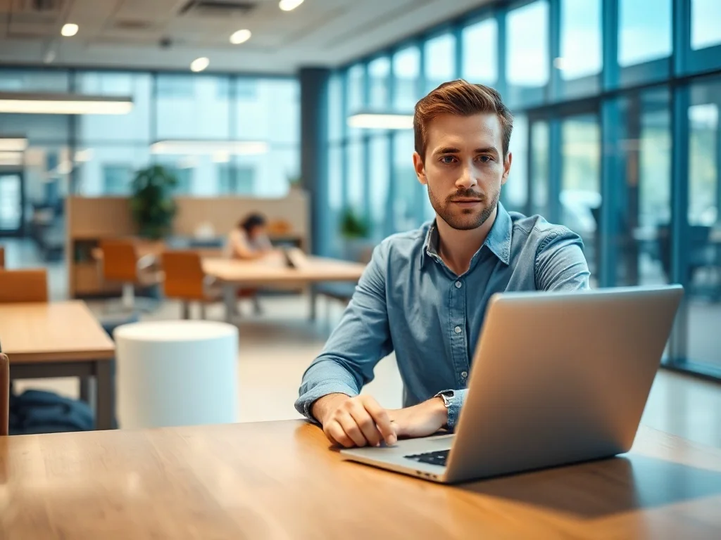 Pracownik biurowy przy laptopie w nowoczesnym, minimalistycznym wnętrzu firmy technologicznej.